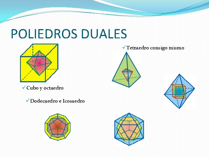 POLIEDROS DUALES üTetraedro consigo mismo üCubo y octaedro üDodecaedro e Icosaedro 