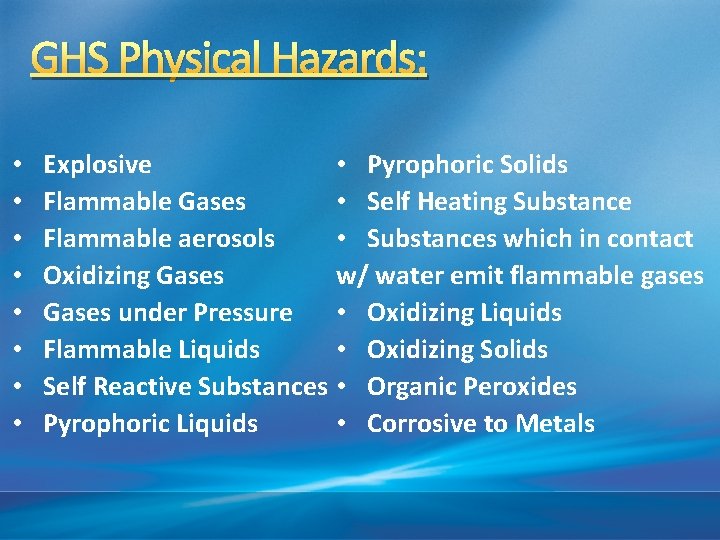 GHS Physical Hazards: • • Explosive • Pyrophoric Solids Flammable Gases • Self Heating