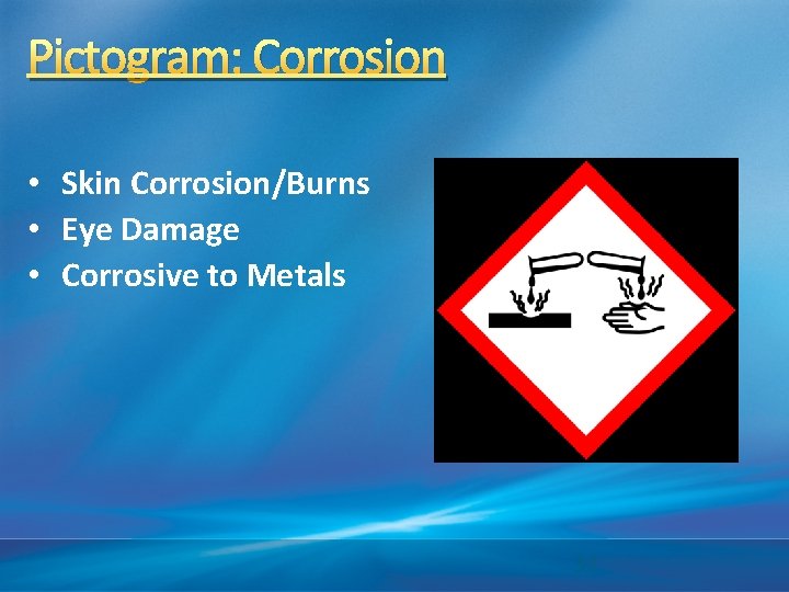 Pictogram: Corrosion • Skin Corrosion/Burns • Eye Damage • Corrosive to Metals 32 