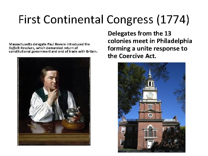 First Continental Congress (1774) Massachusetts delegate Paul Revere introduced the Suffolk Resolves, which demanded