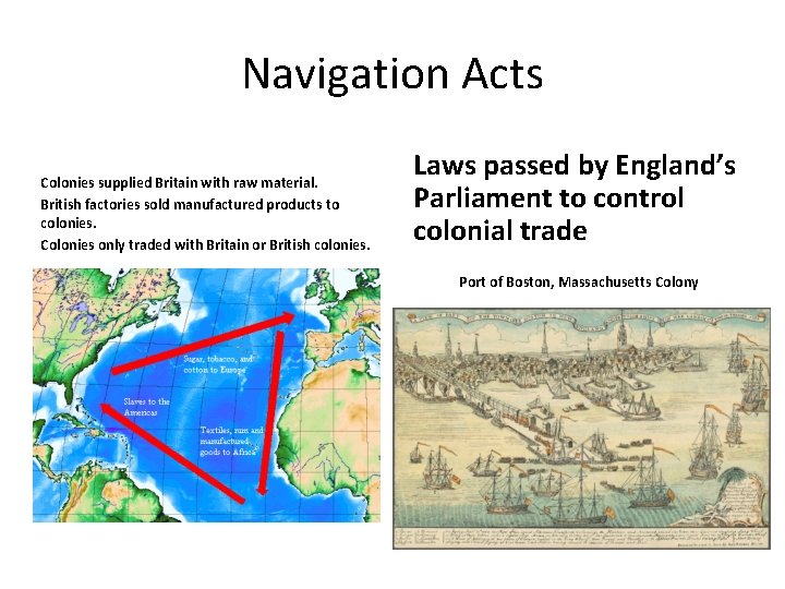 Navigation Acts Colonies supplied Britain with raw material. British factories sold manufactured products to