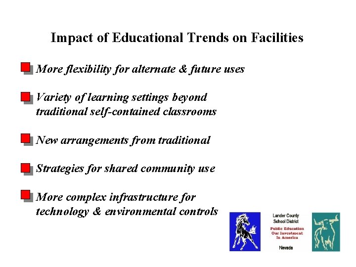 Problems & Opportunities Impact of Educational Trends on Facilities More flexibility for alternate &