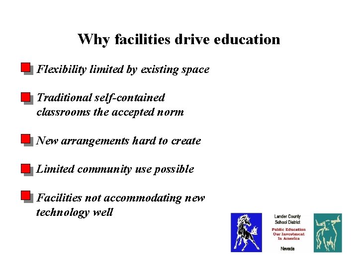 Problems & Opportunities Why facilities drive education Flexibility limited by existing space Traditional self-contained