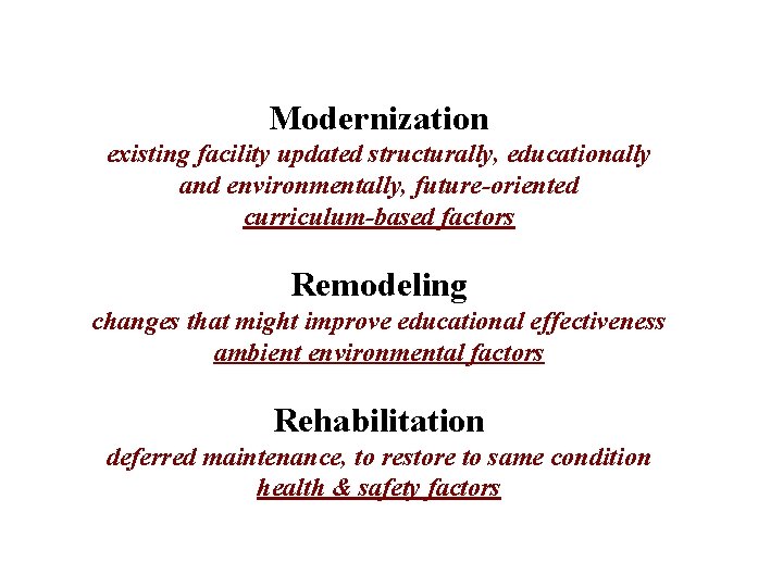 Levels of Facility Modification Modernization existing facility updated structurally, educationally and environmentally, future-oriented curriculum-based