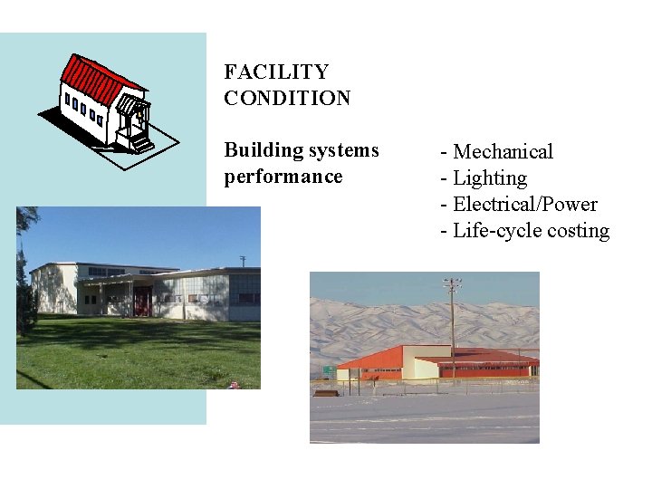 Architecture FACILITY CONDITION Building systems performance - Mechanical - Lighting - Electrical/Power - Life-cycle