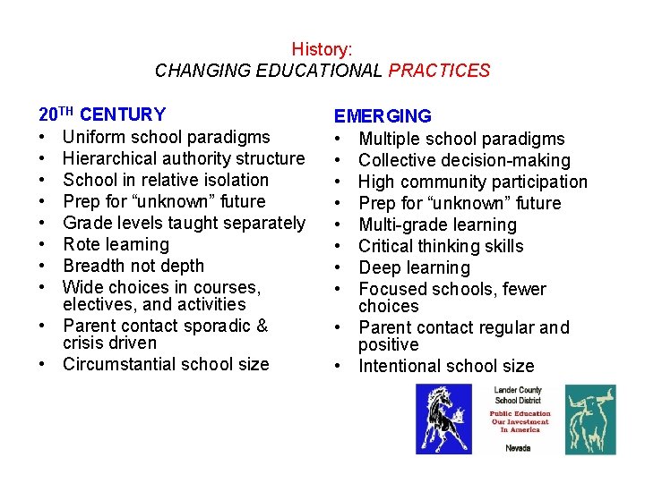 History: CHANGING EDUCATIONAL PRACTICES 20 TH CENTURY • Uniform school paradigms • Hierarchical authority