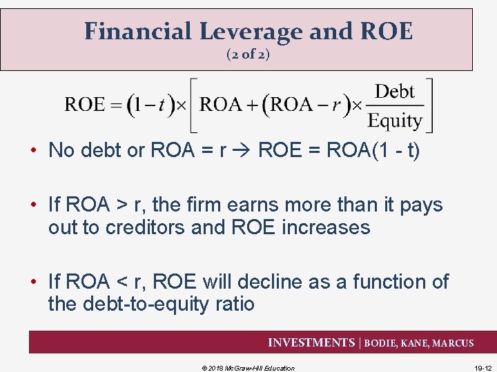 Financial Leverage and ROE (2 of 2) • No debt or ROA = r