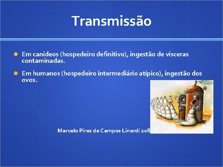 Transmissão Em canídeos (hospedeiro definitivo), ingestão de vísceras contaminadas. Em humanos (hospedeiro intermediário atípico),