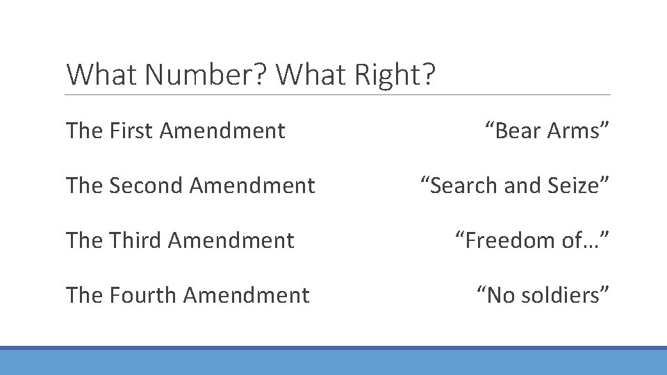 What Number? What Right? The First Amendment The Second Amendment The Third Amendment The