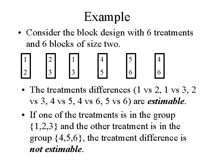Example • Consider the block design with 6 treatments and 6 blocks of size Example • Consider the block design with 6 treatments and 6 blocks of size