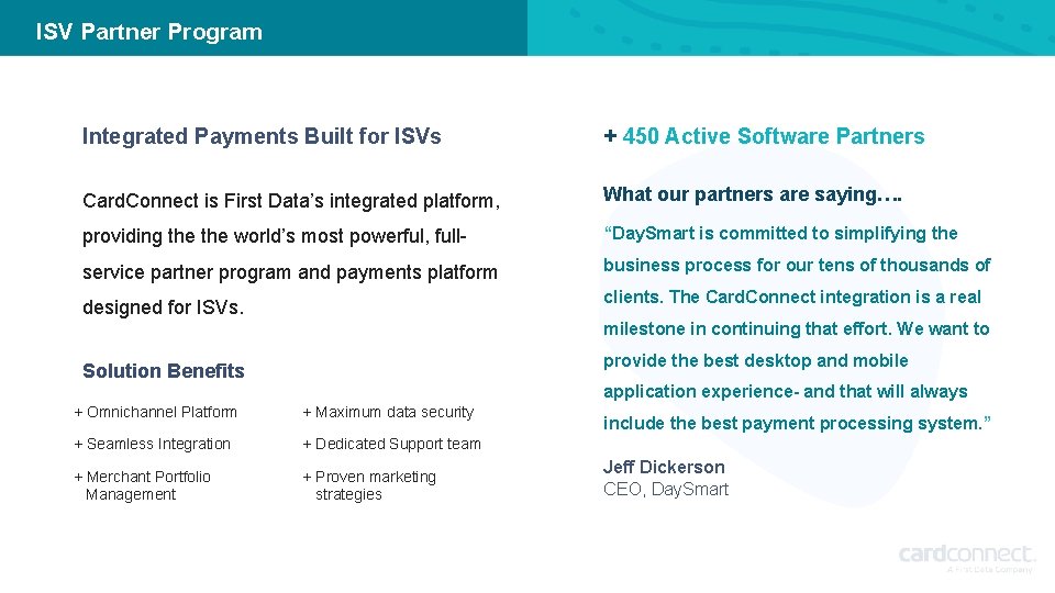 ISV Partner Program Integrated Payments Built for ISVs + 450 Active Software Partners Card.