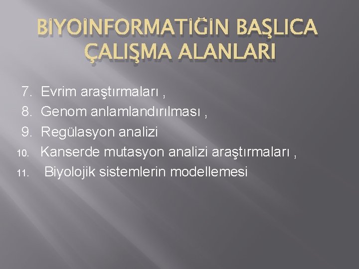 BİYOİNFORMATİĞİN BAŞLICA ÇALIŞMA ALANLARI 7. Evrim araştırmaları , 8. Genom anlamlandırılması , 9. Regülasyon