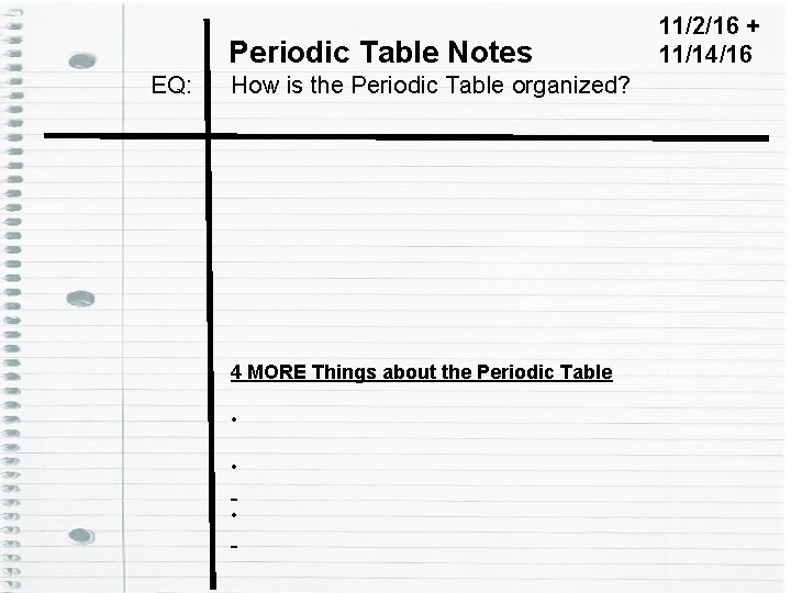 Periodic Table Notes EQ: How is the Periodic Table organized? 4 MORE Things about
