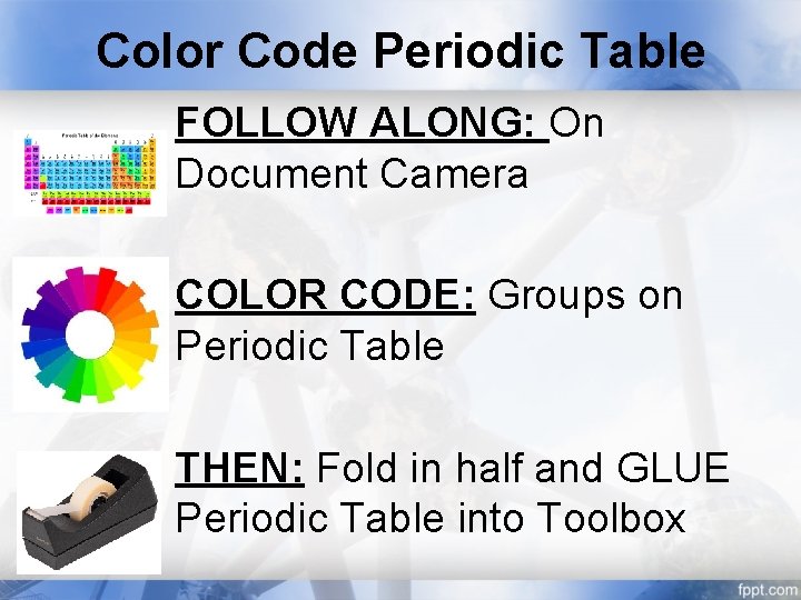 Color Code Periodic Table FOLLOW ALONG: On Document Camera COLOR CODE: Groups on Periodic