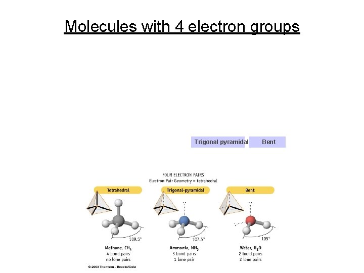 Molecules with 4 electron groups Trigonal pyramidal Bent 