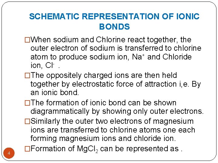 SCHEMATIC REPRESENTATION OF IONIC BONDS �When sodium and Chlorine react together, the 4 outer