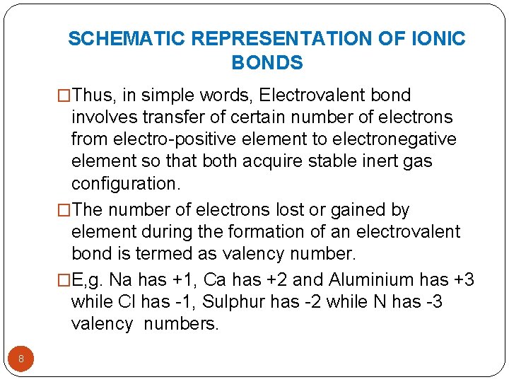 SCHEMATIC REPRESENTATION OF IONIC BONDS �Thus, in simple words, Electrovalent bond involves transfer of