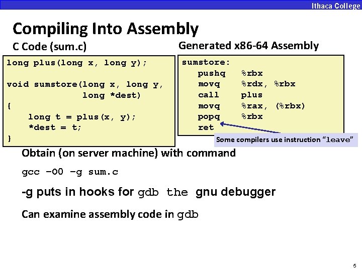 Compiling Into Assembly C Code (sum. c) long plus(long x, long y); void sumstore(long