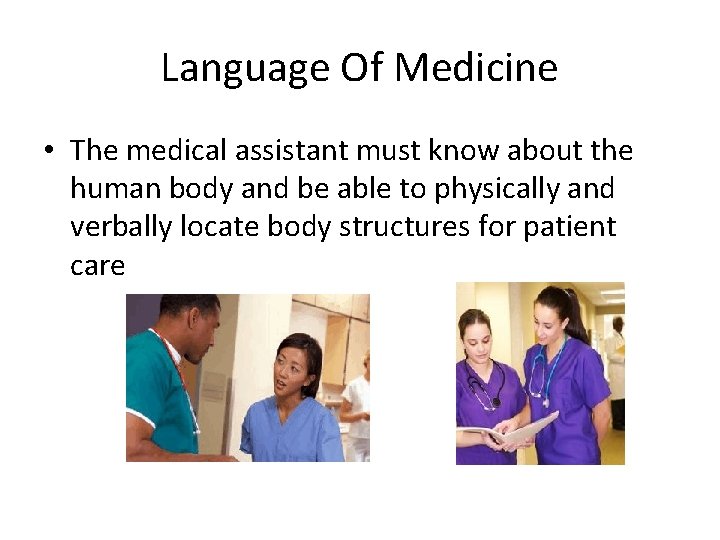 Language Of Medicine • The medical assistant must know about the human body and
