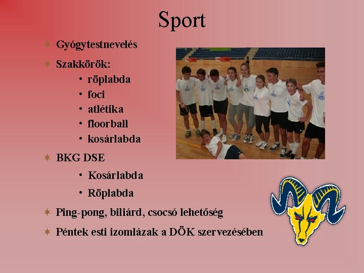 Sport Gyógytestnevelés Szakkörök: • röplabda • foci • atlétika • floorball • kosárlabda BKG