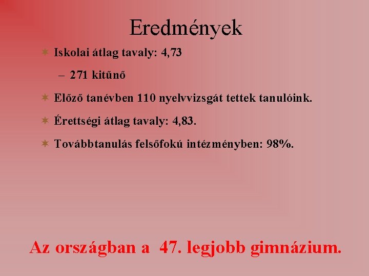 Eredmények Iskolai átlag tavaly: 4, 73 – 271 kitűnő Előző tanévben 110 nyelvvizsgát tettek