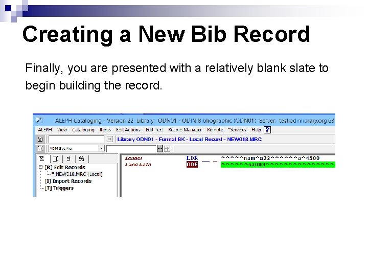 Creating a New Bib Record Finally, you are presented with a relatively blank slate