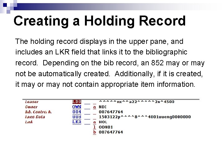 Creating a Holding Record The holding record displays in the upper pane, and includes