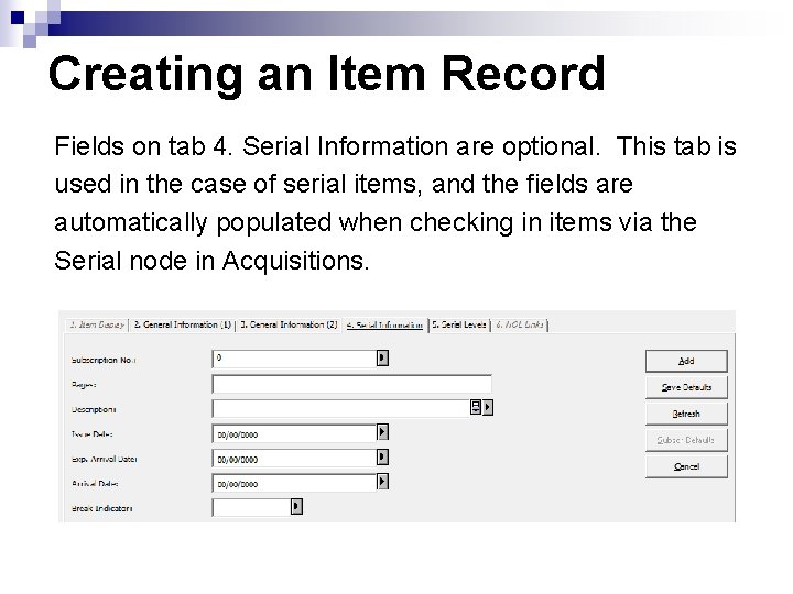 Creating an Item Record Fields on tab 4. Serial Information are optional. This tab