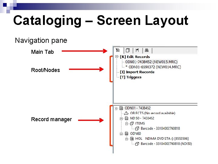 Cataloging – Screen Layout Navigation pane Main Tab Root/Nodes Record manager 