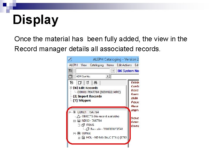 Display Once the material has been fully added, the view in the Record manager