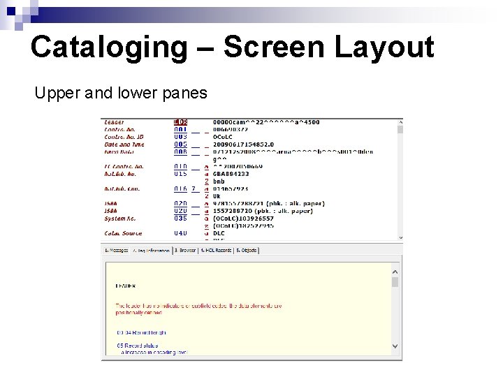 Cataloging – Screen Layout Upper and lower panes 