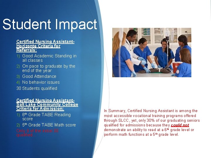 Student Impact Certified Nursing Assistant. Horizonte Criteria for Referrals: 1) Good Academic Standing in