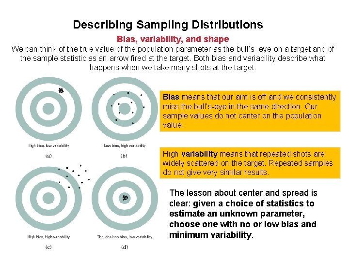 Describing Sampling Distributions Bias, variability, and shape We can think of the true value