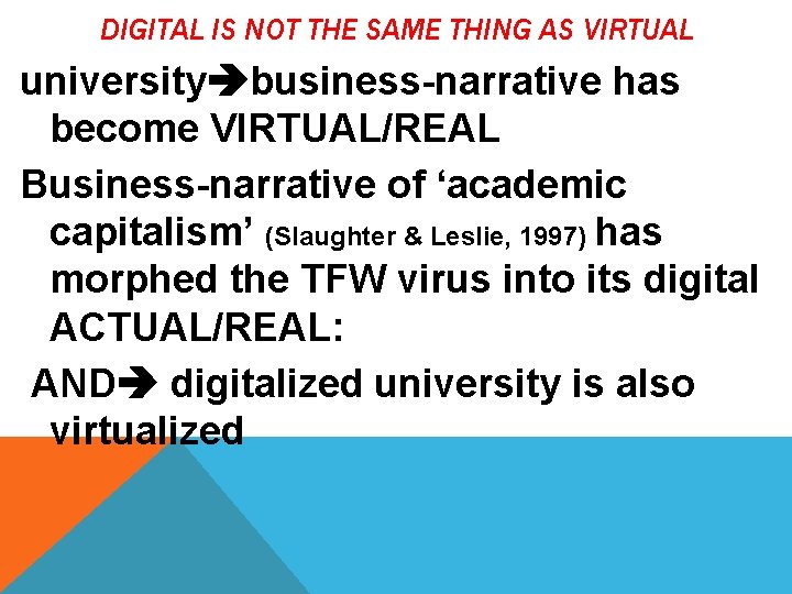 DIGITAL IS NOT THE SAME THING AS VIRTUAL university business-narrative has become VIRTUAL/REAL Business-narrative