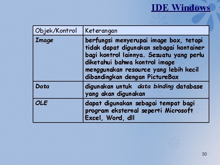 IDE Windows Objek/Kontrol Keterangan Image berfungsi menyerupai image box, tetapi tidak dapat digunakan sebagai