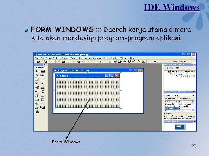 IDE Windows FORM WINDOWS : : : Daerah kerja utama dimana kita akan mendesign
