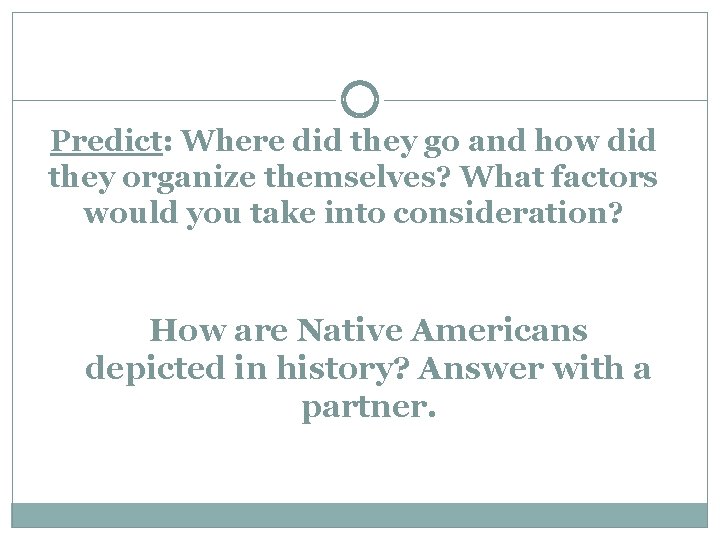 Predict: Where did they go and how did they organize themselves? What factors would