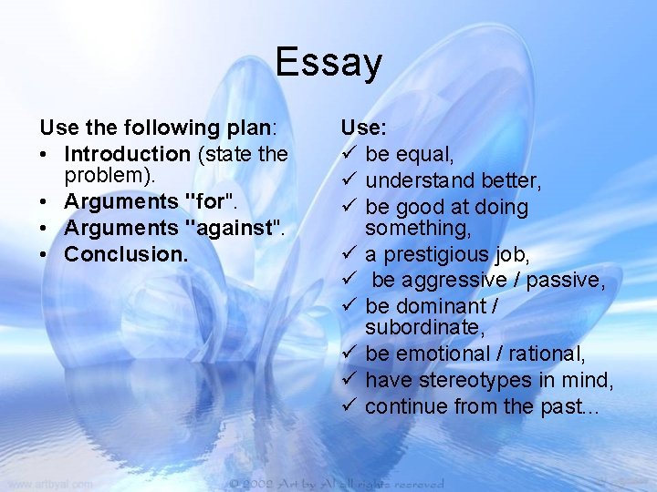 Essay Use the following plan: • Introduction (state the problem). • Arguments "for". •