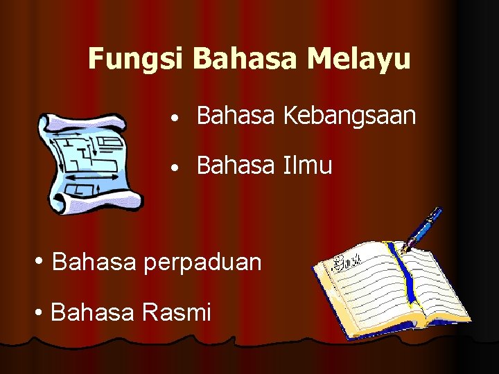 Fungsi Bahasa Melayu • Bahasa Kebangsaan • Bahasa Ilmu • Bahasa perpaduan • Bahasa