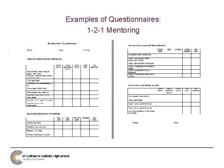 Examples of Questionnaires: 1 -2 -1 Mentoring. 