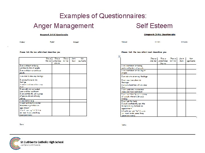 Examples of Questionnaires: Anger Management Self Esteem. 