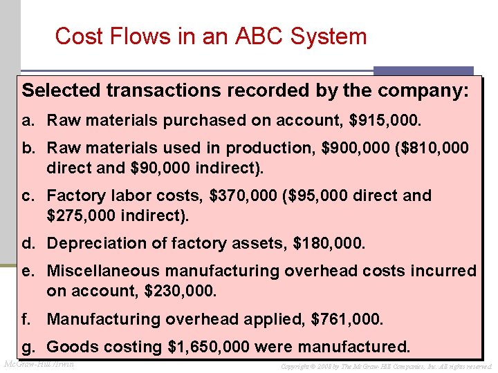 Cost Flows in an ABC System Selected transactions recorded by the company: a. Raw