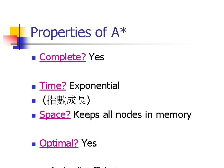 Properties of A* n Complete? Yes n Time? Exponential (指數成長) Space? Keeps all nodes