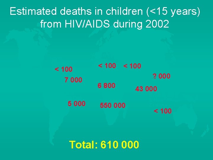 Estimated deaths in children (<15 years) from HIV/AIDS during 2002 North America < 100