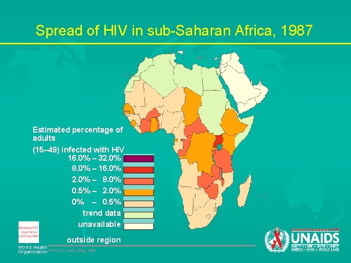 Spread of HIV in sub-Saharan Africa, 1987 Estimated percentage of adults (15– 49) infected