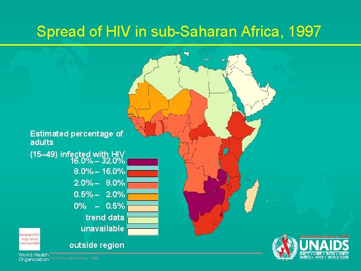 Spread of HIV in sub-Saharan Africa, 1997 Estimated percentage of adults (15– 49) infected
