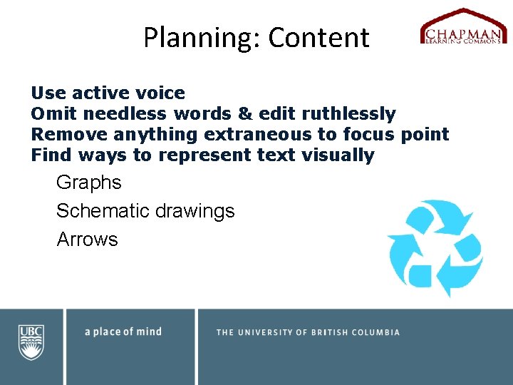 Planning: Content Use active voice Omit needless words & edit ruthlessly Remove anything extraneous