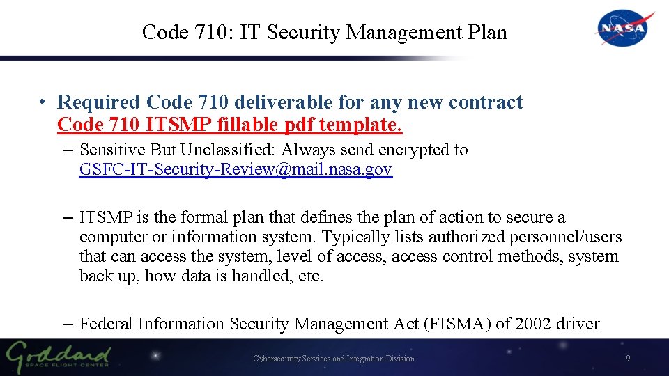 Cybersecurity Services and Integration Division Code 710 Sergio