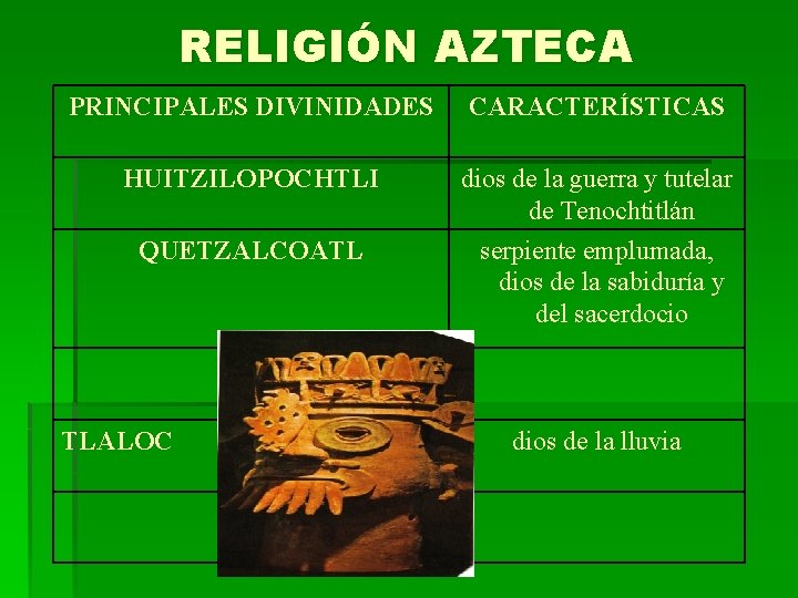 RELIGIÓN AZTECA PRINCIPALES DIVINIDADES CARACTERÍSTICAS HUITZILOPOCHTLI dios de la guerra y tutelar de Tenochtitlán