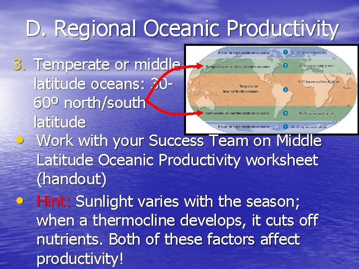 D. Regional Oceanic Productivity 3. Temperate or middle latitude oceans: 3060º north/south latitude •